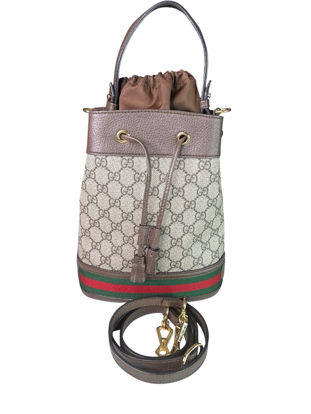 Gucci Beige GG Supreme Canvas Bucket Bag with Brown Trim and Green-Red Stripe